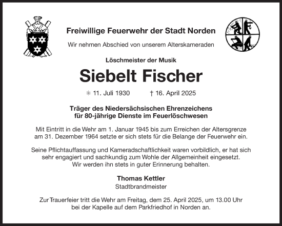 Traueranzeige von Siebelt Fischer von Ostfriesischer Kurier