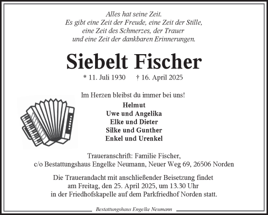 Traueranzeige von Siebelt Fischer von Ostfriesischer Kurier