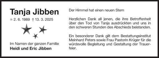 Traueranzeige von Tanja Jibben von Ostfriesischer Kurier