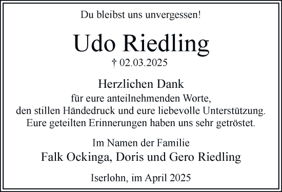 Traueranzeige von Udo Riedling von 11CA0060,11TA0177