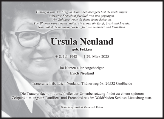 Traueranzeige von Ursula Neuland von Ostfriesischer Kurier
