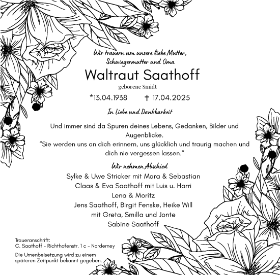 Traueranzeige von Waltraut Saathoff von Ostfriesischer Kurier