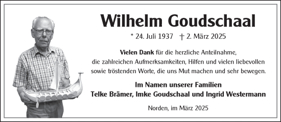 Traueranzeige von Wilhelm Goudschaal von Ostfriesischer Kurier