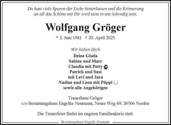 Traueranzeige von Wolfgang Gröger von Ostfriesischer Kurier