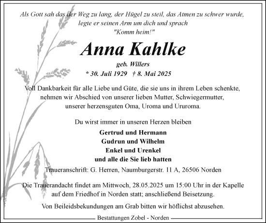 Traueranzeige von Anna Kahlke von Ostfriesischer Kurier