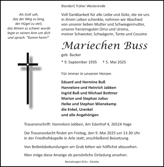 Traueranzeige von Mariechen Buss von Ostfriesischer Kurier