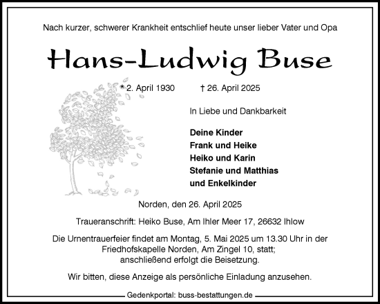 Traueranzeige von Hans-Ludwig Buse von Ostfriesischer Kurier