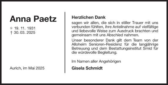 Traueranzeige von Anna Paetz von Ostfriesischer Kurier