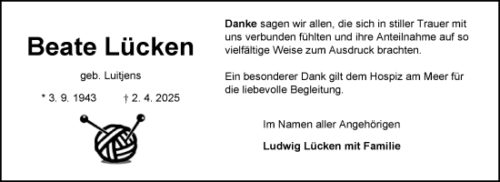 Traueranzeige von Beate Lücken von Ostfriesischer Kurier