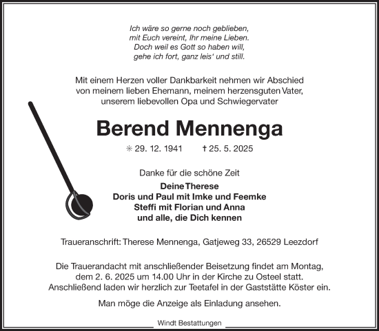 Traueranzeige von Berend Mennenga von Ostfriesischer Kurier