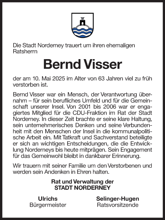 Traueranzeige von Bernd Visser von Ostfriesischer Kurier