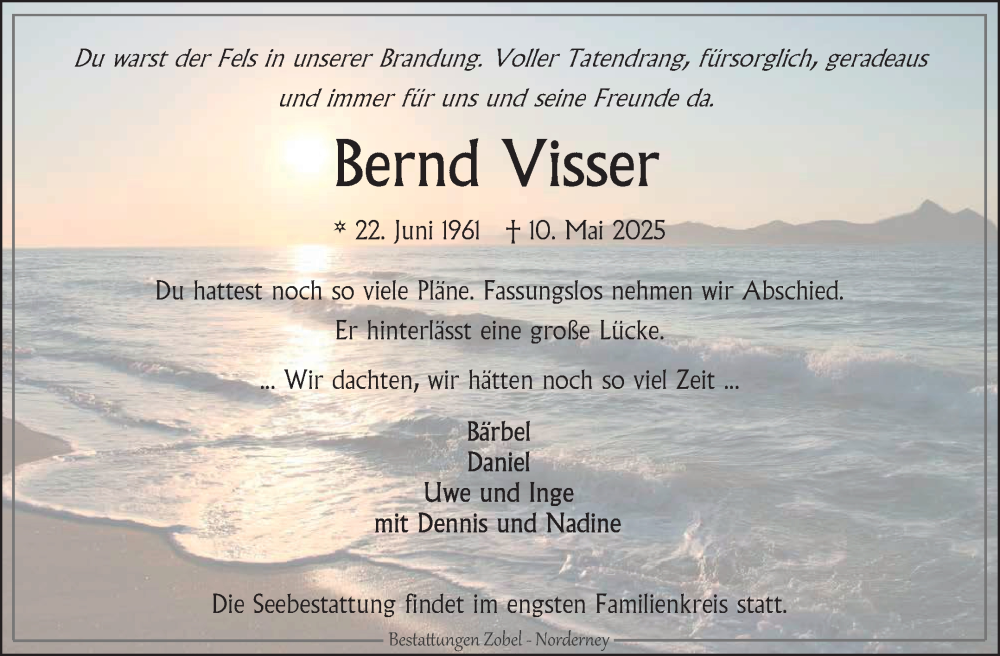  Traueranzeige für Bernd Visser vom 14.05.2025 aus Ostfriesischer Kurier
