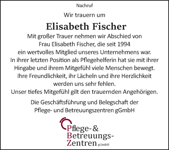 Traueranzeige von Elisabeth Fischer von Ostfriesischer Kurier