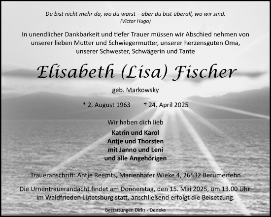 Traueranzeige von Elisabeth Fischer von Ostfriesischer Kurier