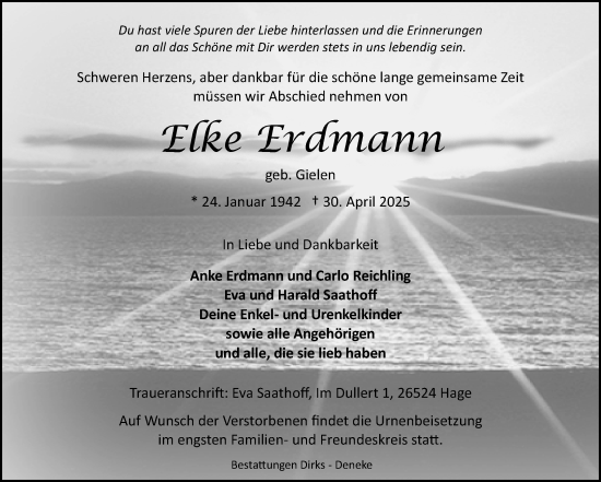 Traueranzeige von Elke Erdmann von Ostfriesischer Kurier