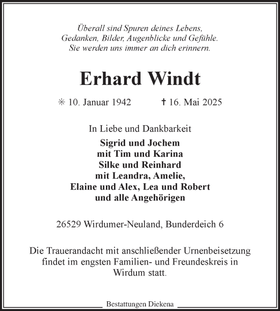Traueranzeige von Erhard Windt von Ostfriesischer Kurier