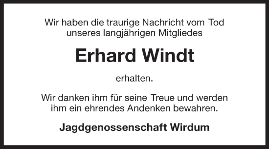 Traueranzeige von Erhard Windt von Ostfriesischer Kurier