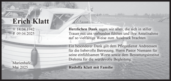 Traueranzeige von Erich Klatt von Ostfriesischer Kurier