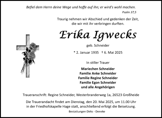 Traueranzeige von Erika Igwecks von Ostfriesischer Kurier