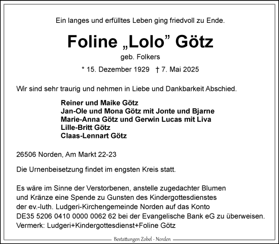 Traueranzeige von Foline Götz von Ostfriesischer Kurier