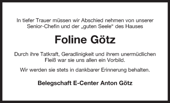 Traueranzeige von Foline Götz von Ostfriesischer Kurier