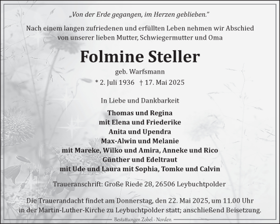 Traueranzeige von Folmine Steller von Ostfriesischer Kurier
