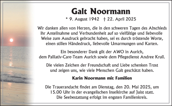 Traueranzeige von Galt Noormann von Ostfriesischer Kurier