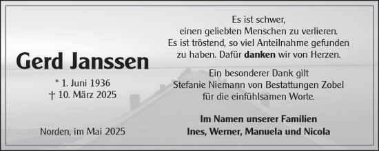 Traueranzeige von Gerd Janssen von Ostfriesischer Kurier