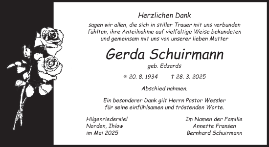 Traueranzeige von Gerda Schuirmann von Ostfriesischer Kurier