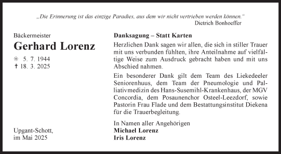 Traueranzeige von Gerhard Lorenz von Ostfriesischer Kurier