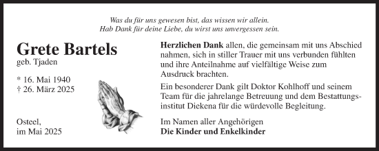 Traueranzeige von Grete Bartels von Ostfriesischer Kurier