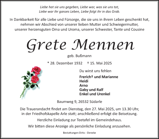 Traueranzeige von Grete Mennen von Ostfriesischer Kurier