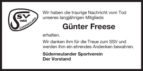 Traueranzeige von Günter Freese von Ostfriesischer Kurier