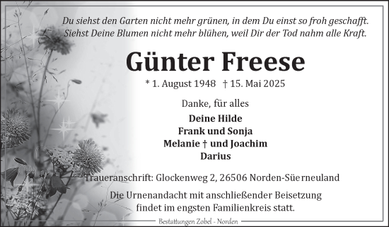 Traueranzeige von Günter Freese von Ostfriesischer Kurier