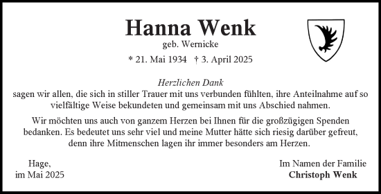 Traueranzeige von Hanna Wenk von Ostfriesischer Kurier