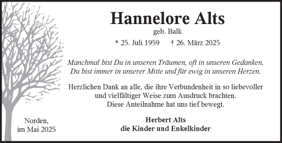 Traueranzeige von Hannelore Alts von Ostfriesischer Kurier