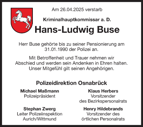 Traueranzeige von Hans-Ludwig Buse von Ostfriesischer Kurier