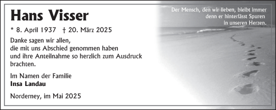 Traueranzeige von Hans Visser von Ostfriesischer Kurier