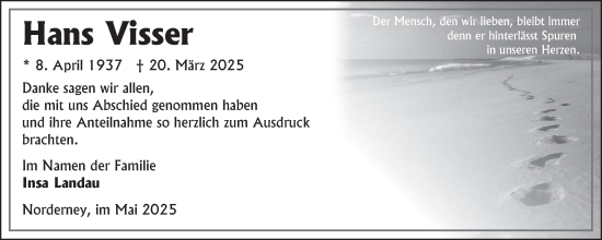 Traueranzeige von Hans Visser von Ostfriesischer Kurier