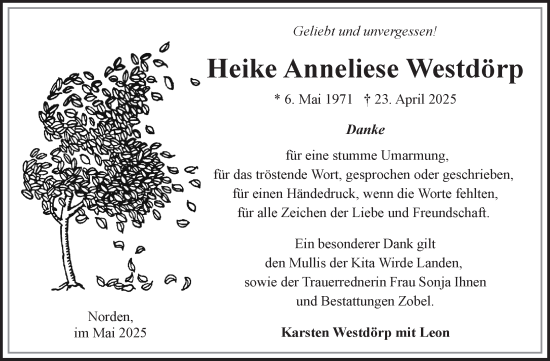 Traueranzeige von Heike Anneliese Westdörp von Ostfriesischer Kurier