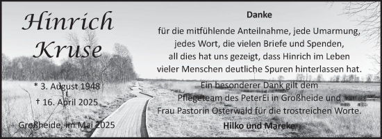 Traueranzeige von Hinrich Kruse von Ostfriesischer Kurier