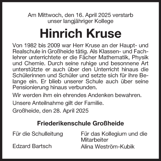 Traueranzeige von Hinrich Kruse von Ostfriesischer Kurier