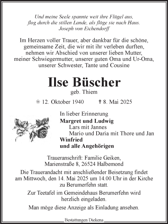 Traueranzeige von Ilse Büscher von Ostfriesischer Kurier