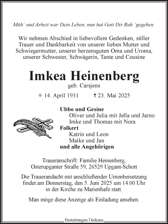 Traueranzeige von Imkea Heinenberg von Ostfriesischer Kurier
