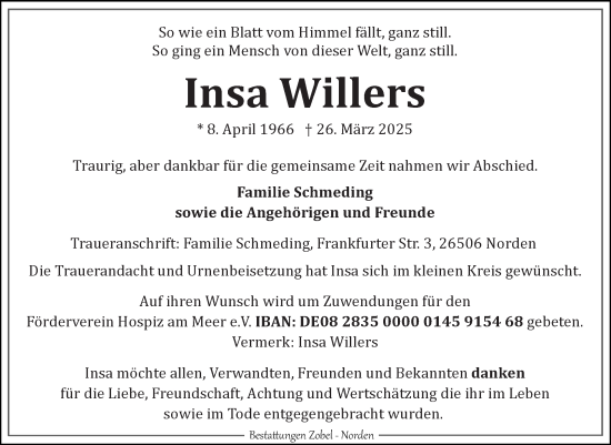 Traueranzeige von Insa Willers von Ostfriesischer Kurier