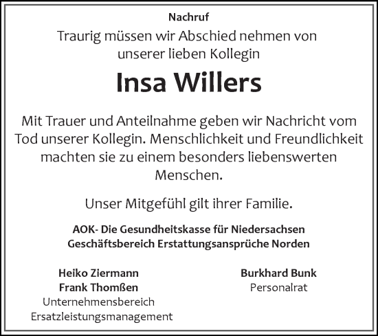 Traueranzeige von Insa Willers von Ostfriesischer Kurier