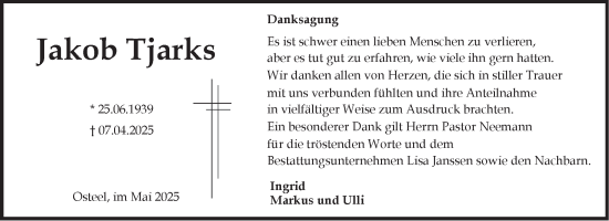 Traueranzeige von Jakob Tjarks von Ostfriesischer Kurier