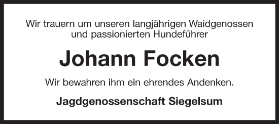 Traueranzeige von Johann Focken von Ostfriesischer Kurier