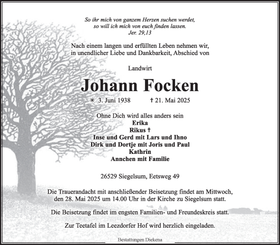 Traueranzeige von Johann Focken von Ostfriesischer Kurier