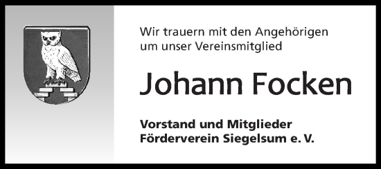 Traueranzeige von Johann Focken von Ostfriesischer Kurier